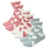 JJUNW 3 Paar Kuschelsocken Damen, Flauschige Socken Wintersocken Dicke Warme Bettsocken Korallenfleece Haussocken für Winter Weihnachten (Graugrün+Dunkelrosa+Weiß)