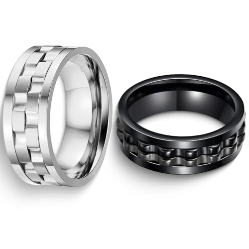 AMSNINK Fidget Ring für Erwachsene - Drehbarer Anti Stress Ring in Schwarz und Silber, Hochwertiger Edelstahl Spinner mit Rotationsmechanismus gegen Angst und Nervosität