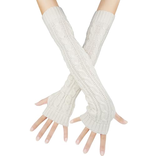 RHZXD Armstulpen Damen, Damen Winter Strick Handschuhe, Fingerlose Armstulpen mit Plüsch, Warme Handwärmer Stulpen, Lange Armwärmer Stulpen