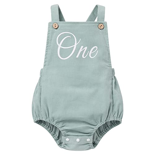 Odizli 1. Geburtstag Mädchen Junge Outfit Sommer Ärmellos Boho Cord 1 Jahr Strampler One Piece Body Babykleidung Erster Geburtstag Geschenk Cake Smash Party Baby Fotoshooting Grün 12-18 Monate