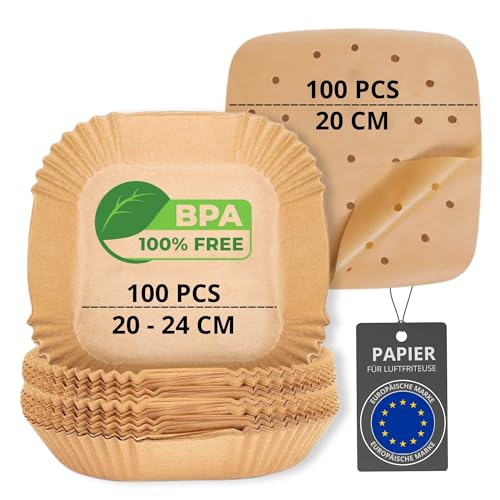 200 Stück Backpapier für Heißluftfritteuse BPA-Frei 20-24cm | 100 Stück quadratisches Papier in der Auflaufform(20-24cm) und 100 Stück flaches Papier(20cm) Form Für den Gebrauch Airfryer Backpapier