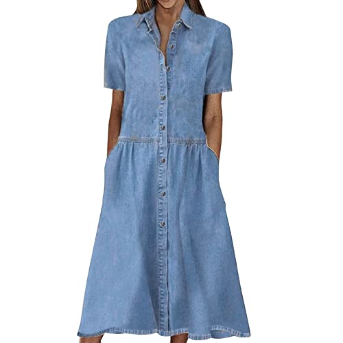 Jeanskleid Damen Sommer Lang - Freizeitkleid Damen Kurzarm Midi Mit Knöpfen Shirtkleid Loose Große Größen A-Linie Kleid Elegant Patchwork-Kleid Mode Strandkleid Bequem Jeans Hemdblusenkleid