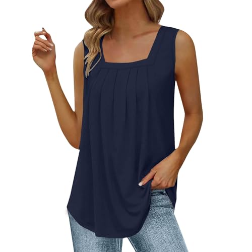 Damen-Tunika, Sommer, lockere Passform, quadratischer Ausschnitt, plissiert, ärmellos, elegant, lässig, Damen-T-Shirt, navy, S