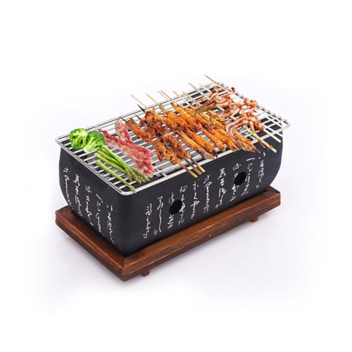 Japanischer BBQ Grill, 24x12x11cm Mini Holzkohle Tischgrill mit Gitter und Holzbasis, Rechteckig Tragbarer Japanisch Holzkohleofen Campingkocher für Yakiniku, Takoyaki, Aal Teriyaki