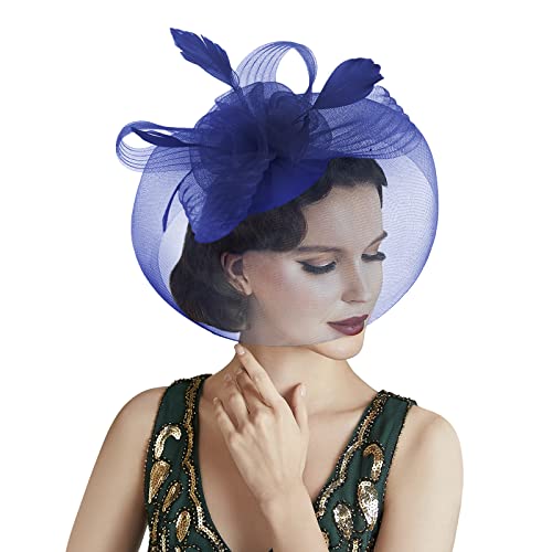 Damen Vintage Federhut Mesh Hut kreativer Haargummi-Kopfschmuck Feder Blumen Zylinder Mesh-Kopfbedeckung hübsch Haarnadel Braut Kopfbedckung für Hochzeit Cocktail Kirche Tee Party Jockey Club