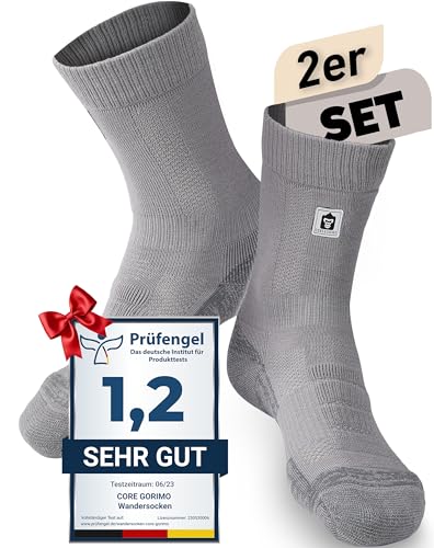 CORE GORIMO – 2 Paar – Merino Wandersocken – mit Anti-Blasen Schutz – Optimale Unterstützung beim Hiking und Trekking für Damen und Herren (43-46, Grau)