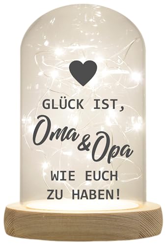 WB wohn trends LED-Glaskuppel, Glück ist Oma & Opa wie euch zu haben, 16,5x11cm, Glasglocke mit LED-Licht und Holz-Fuß LED-Laterne LED-Lampe mit Text Spruch