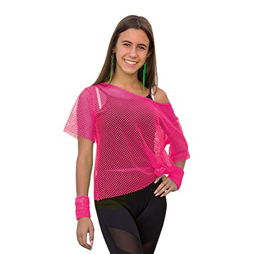 Oblique Unique® Netzshirt Netztop Netz Hemd Netzoberteil Fischnetz für Damen Frauen Oberteil 80s 80er Jahre Kostüm Motto Party Größe 38-42 Neon Grün Pink - Farbe wählbar (Neonpink)