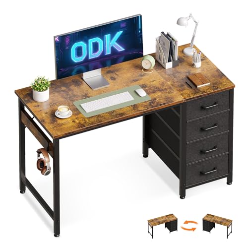 ODK Kleiner Schreibtisch mit 4 Schubladen, 100x48x75.7cm Computertisch Umkehrbarer Bürotisch mit Kopfhörer Halter, PC Tisch Holz für Heimbüro, Braun