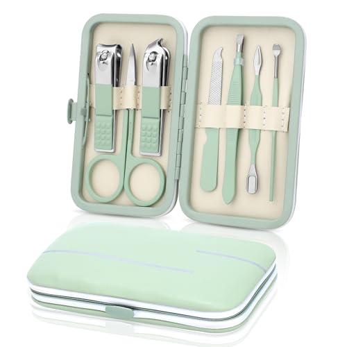 Maniküre Set – Edelstahl Nagelknipser & Nagelhautentferner – 7-in-1 Pediküre Set mit Nagelhautschere, Cuticle Remover für eingewachsene Zehennägel und dicke Nägel (Grün)