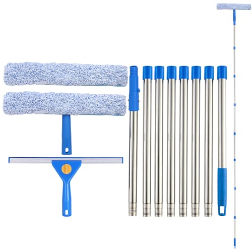 3m Fensterreiniger mit Langem Griff, 35cm Fensterabzieher und 38cm Fensterwischer als Kombi-Set, Profi Fensterreinigungsset Glaswischer für Glas Fenster Putzen, Dusche und Glastür Reinigung