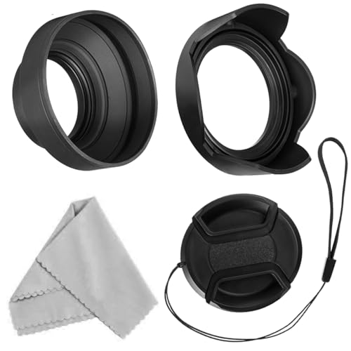 52mm Gegenlichtblende Set, Zusammenklappbare Gummi Streulichtblende mit Filter Faden + Nmkehrbare Tulpe Blumen Gegenlichtblenden + mittlere Pinch Objektiv Kappe + Microfaser Objektiv Reinigungstuch