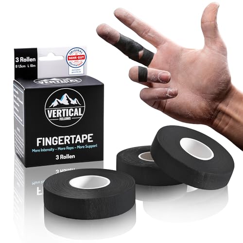 Vertical Fellows® Klettertape 1,5cm breit - DERMATEST sehr gut - mit PDF Tapeanleitung, ideales Fingertape und Sporttape für Klettern Bouldern Kraftsport Handball Kampfsport (3 Rollen schwarz)