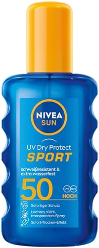 NIVEA SUN UV Dry Protect Sport Sonnenspray LSF 50 (200 ml), 100% transparenter Sonnenschutz speziell für Sportler, schweißresistente & extra wasserfeste Sonnencreme