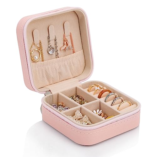 WAREHOUSE Schmuckaufbewahrung Schmuckkästchen, zur Aufbewahrung von Schmuck, Ringen, Ohrringen, Armbändern und Halsketten, Wasserdichte Leder Schmuckkasten (Rosa)