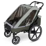 ABC Design Fahrradanhänger Tour Olive – Faltbarer 3in1 Kinderanhänger für Zwei Kinder mit Komfortsitzen, Luftreifen & Federung