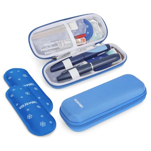 YOUSHARES Insulin Kühltasche - Tragbare TSA Eva Etui für Insulin Pen, Epipen, Insulin und andere Diabetes Zubehör - Mini Medikamente Kühlbox auf Reisen, Klein Isoliertasche mit 2 Kühlakkus (Blau)