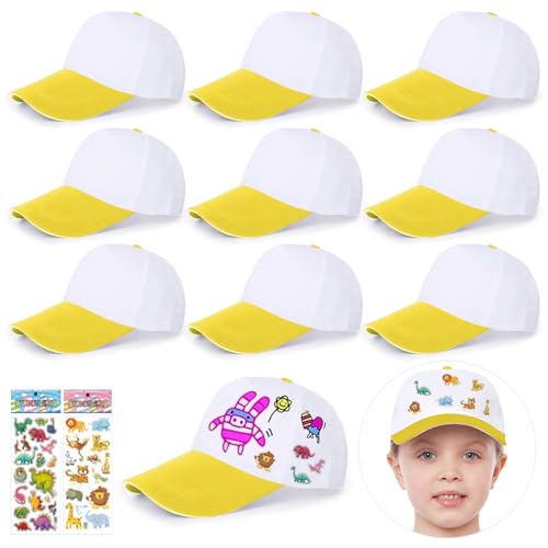 saijer Diy Kappe Kinder, 9 Stück Kinder Kappen Zum Bemalen Diy Baseballcap Kinder Baseballmütze Diy Weiße Baseballkappen Graffiti Kappe Kappe Weiß Kinder Kinder Diy Baseballkappe Mit Aufklebern