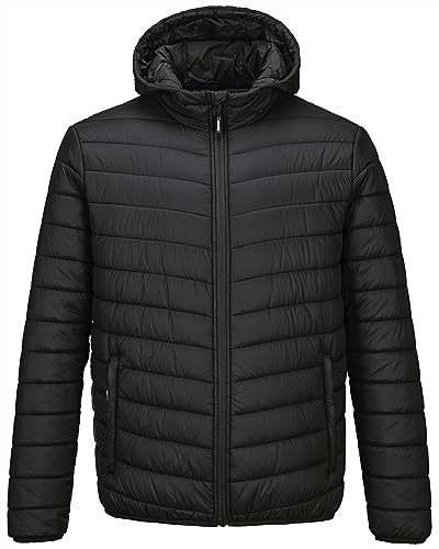 Outdoor Ventures Herren-Pufferjacke Leichte Wasserdichte Kapuzenjacke Isolierter Puffmantel Verstaubare Winterjacke für Herren mit Taschen Zum Wandern Camping Reisen Klassisch Schwarz M