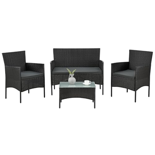 Juskys Polyrattan Sitzgruppe Fort Myers 4 Personen mit 2er Sofa, 2 Stühle, Tisch & Sitzkissen wetterfest schwarz/grau Balkonmöbel Gartenmöbel Set