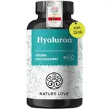 NATURE LOVE® Hyaluronsäure Kapseln mit Zink - Hochdosiert mit 500mg Hyaluron - Vegan - 90 Stück (3 Monate) - 500-700 kDa - Laborgeprüft, ohne unerwünschte Zusätze und in Deutschland produziert