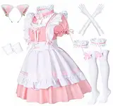 Anime French Maid Schürze, Lolita, Faschingskostüm, Cosplay Kostüm, pelzige Katze, Ohren, Handschuhe, Socken-Set, rose, 5X-Large