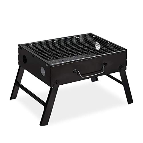 Relaxdays Koffergrill Camping, 4 Personen Klappgrill, Stahl Reisegrill faltbar, HBT: 23 x 42,5 x 26,5 cm, schwarz