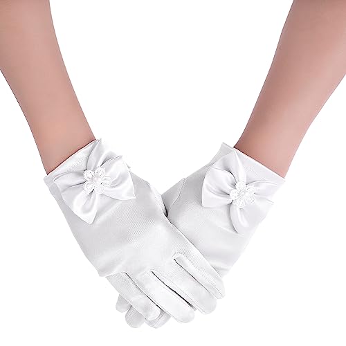 Yolev Mädchen Weiße Hochzeit Handschuhe Blumenmädchen Satin Kleider Handschuhe Kurze Formelle Schleife Handschuhe für Erstkommunion Geburtstag Festzug Urlaub Maskerade