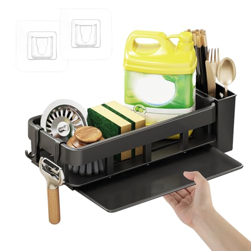 TSASWEET Spülbecken Organizer Hängend Spülorganizer Küche Spüle Organizer Wand Sink Organizer Schwammhalter Spülbecken Caddy Organizer ohne Bohren Klebstoff Haken Stäbchenhaltern Ablaufwanne Schwarz