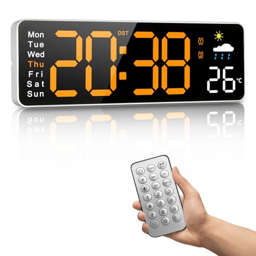 Digitale Wanduhr, 12 Zoll (30,5 cm) mit Fernbedienung, Uhrzeit und Wochentemperatur, Wetterbericht, Timer, automatische Verdunkelung, für Wohnzimmer/Klassenzimmer/Fitnessstudio/Kirche/Geschäft/Garage