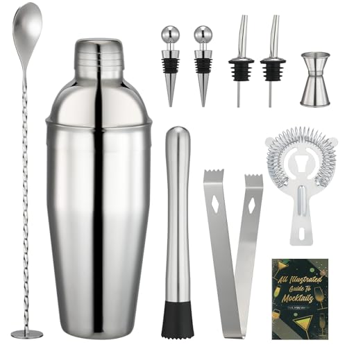 Cocktail Shaker 750 ML Set, 10 Cocktail-Shaker-Zubehörteile aus Edelstahl, Professionelle Barkeeper,Barkeeper Set für Anfänger und Profis Geschenke für Familien, Bars, Partys,Geschenke für Männer