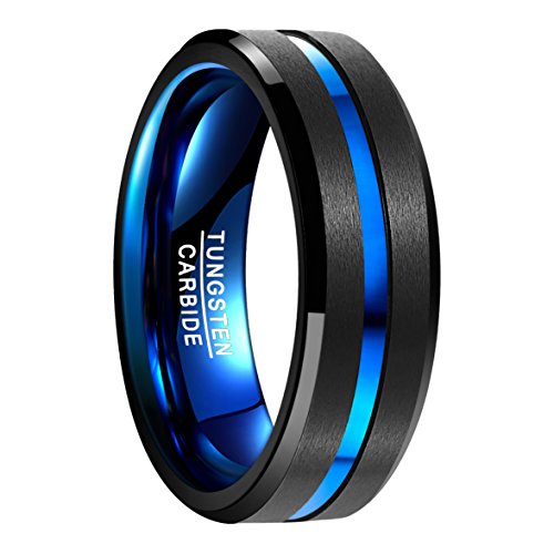 NUNCAD Ring Men Fashion Wolframcarbid mit polierter Oberfläche blauem Groove Außenbreite 8mm bequem schwarz﹢blau Größe 60 (19.1)