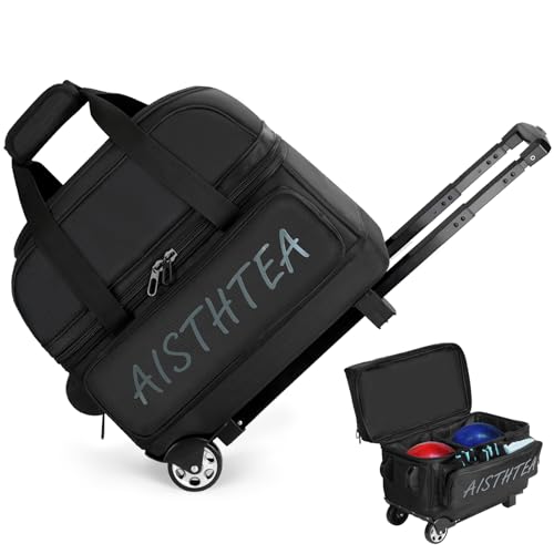 Bowlingballtasche mit Rollen, 2 Balltrolley Bowlingtaschen mit großem separatem Schuhfach und übergroßer Zubehörtasche