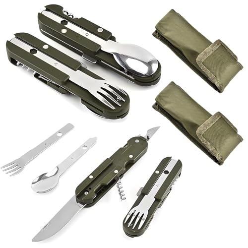 2 Stück Outdoor Bundeswehr Besteck Edelstahl Campingbesteck Essbesteck, 5 in 1 Folding Cutlery Camping Set, Besteckset mit Abnehmbarer Gabel,Löffel,Messer,Flaschenöffner und Oxford Tasche für Camping