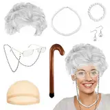 8 Stück Old Lady Kostüm Großmutter Cosplay Zubehör Set Oma Kostüm Alte Frau, Oma Perücke mit Perückenmütze, Perlenkette Armband Ohrringe, Brille mit Kette & aufblasbarer Gehstock