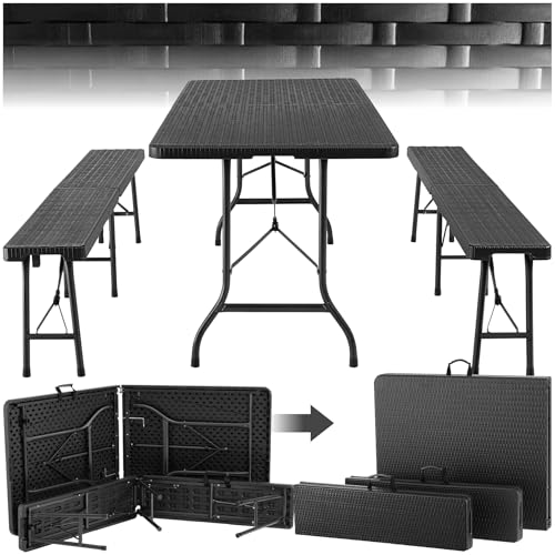 tectake® 3-teiliges Gartenmöbel Set, klappbarer Campingtisch mit 2X Bierbank, Balkonmöbel, Garten oder Terrassentisch Set, Bierzeltgarnitur, mit Tragegriffen, 180cm lang (schwarz)