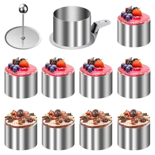 Idota 10 Stück Dessertringe und Speiseringe, 8cm Runde Mousseringe Servierringe Edelstahl Set mit Heber & Stampfer Kleine Backringe Tortenring für DIY Mousse Torte Reiskugel Nachspeise