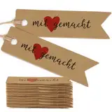 MEJOSER 50 Stück Geschenkanhänger Mit Liebe Gemacht Etiketten Anhänger Handmade with Love Handgemacht Anhänger Weihnachten Hochzeit Handmade Label mit Schnur Braun Etiketten Tags Vintage