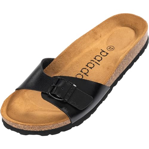 Palado Damen Pantoletten Malta - extra bequeme Sandalen - modische Hausschuhe mit Natur Kork - Made in EU - Sandaletten mit Sohle aus feinstem natur Leder Metallic Schwarz 43 EU