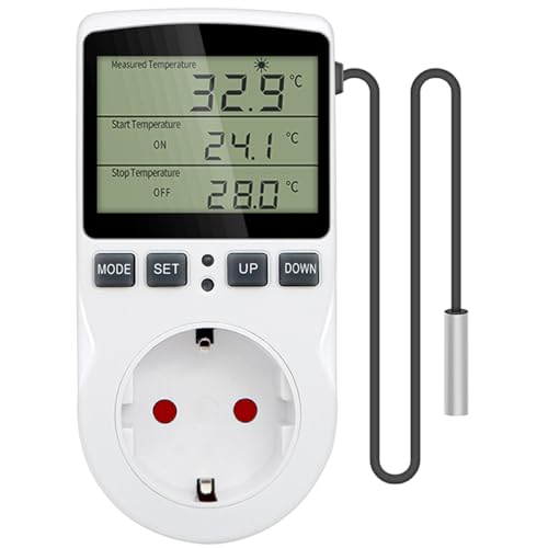 Greluma 1 Stück AC 230V Digitaler Temperaturregler-Steckdose mit Sensorsonde, Heizungs-Kühl-Thermostat-Steckdose mit Timer, LED-Display-Thermostatschalter für Gewächshaus, Aquarium