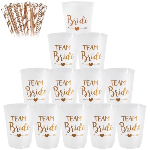 12 Stück Team Bride Becher mit 12 Strohhalme, JGA Becher Wiederverwendbar Team Bride Bachelorette Party Cup Bride Team Tassen Set für Bridal Shower Verlobungsfeier Junggesellenabschied