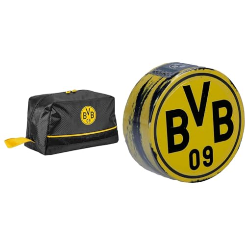 Borussia Dortmund Unisex – Erwachsene BVB Kulturbeutel, Fanartikel in schwarzgelb, schwarz, 27 x 14 x16 cm & BVB-Zauberhandtuch (60 x 30 cm),Baumwolle, Schwarz/gelb