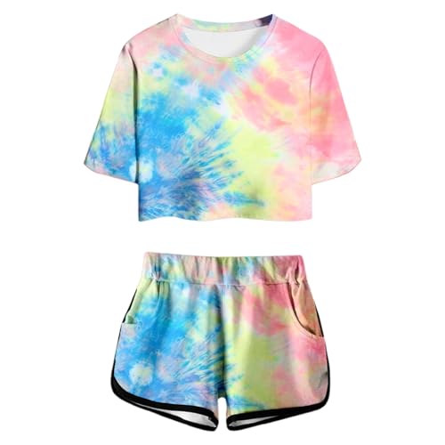 Bekleidungssets Für Mädchen 140 Zweiteiler Kinder Sommer Outfits bunt tie dye Kurze Hose Und T-Shirt Set Lässige Hosenanzug Casual Jogginganzug Sport 2 Piece Set Jogging Sportanzug