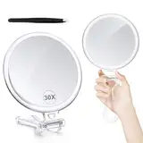 MIYADIVA Make-up Spiegel mit 30X Vergrößerung, doppelseitig (1X/30X), Handspiegel mit Griff – Kosmetikspiegel für Reise, Augenbrauen zupfen & Make-up