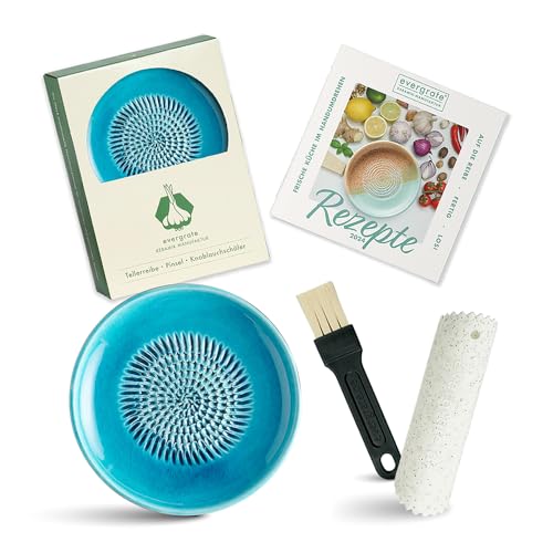 Evergrate® Keramikreibe Türkis mit Geschenkbox – mit Reibe, Knoblauchschäler, Rezeptheft & Pinsel – Handgefertigt für Ingwer, Knoblauch & mehr – Spülmaschinenfest & langlebig