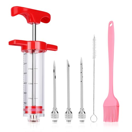 MXTIMWAN Fleischspritze Marinadenspritze, Marinierspritze, 3 Nadeln 1 Reinigungsbürste 30ml Fleisch Spritze, Pökelspritze, BBQ Bratenspritze, Meat Injector, Gewürzspritze