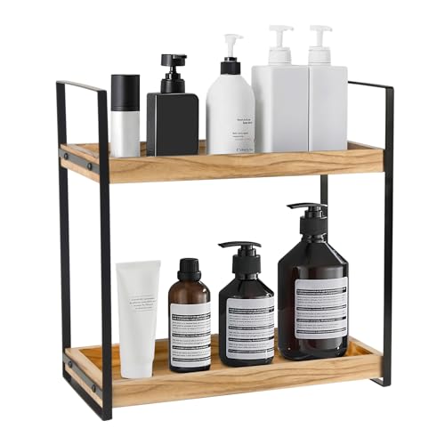 Standregal Badezimmer Organizer, Feuchtigkeitsgeschützt Holzregal Badezimmer, Badezimmer Regal Holz mit Metallgestell, Multifunktionales Gewürzregal, Schreibtisch-Organizer für Küche, Schminktisch