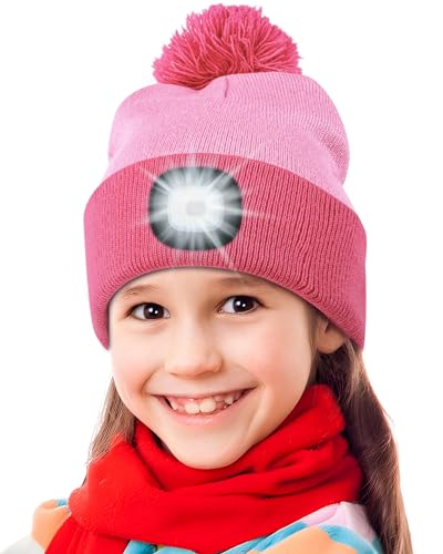 Deilin Süße Geschenke für Mädchen Jungen, Bommel Mütze mit Led Licht USB Wiederaufladbare Winter Beleuchtete Mütze Süßer Pompom Details - Ideal für Nächtliche Aktivitäten & Outdoor, Rose + Rot