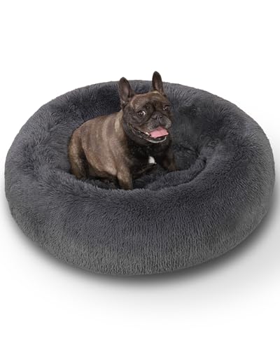 KSIIA Hundebett Flauschig, Katzenbett, Ø 60 cm Rund Donut Hundekissen Waschbar, Langer Plüsch Hundekorb Katzenkorb Katzenkissen für Mittelgroße & Kleine Hunde Dunkelgrau