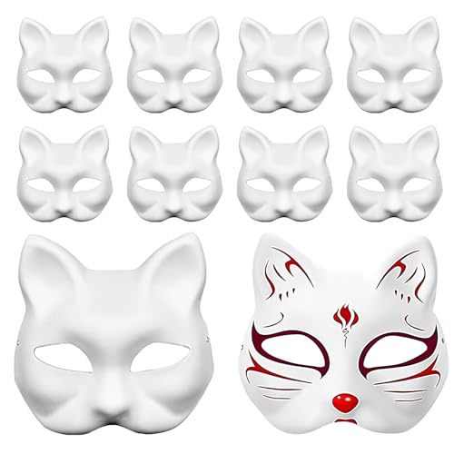 Haizibo 10 Stück DIY Katzenmaske, Therian Mask, Katzen Masken zum Bemalen, Karneval Maske, Masken zum Basteln, Leere Maske mit Elastischer Kordel, Cosplay Masken, Lustige Tiermasken(Weiße)